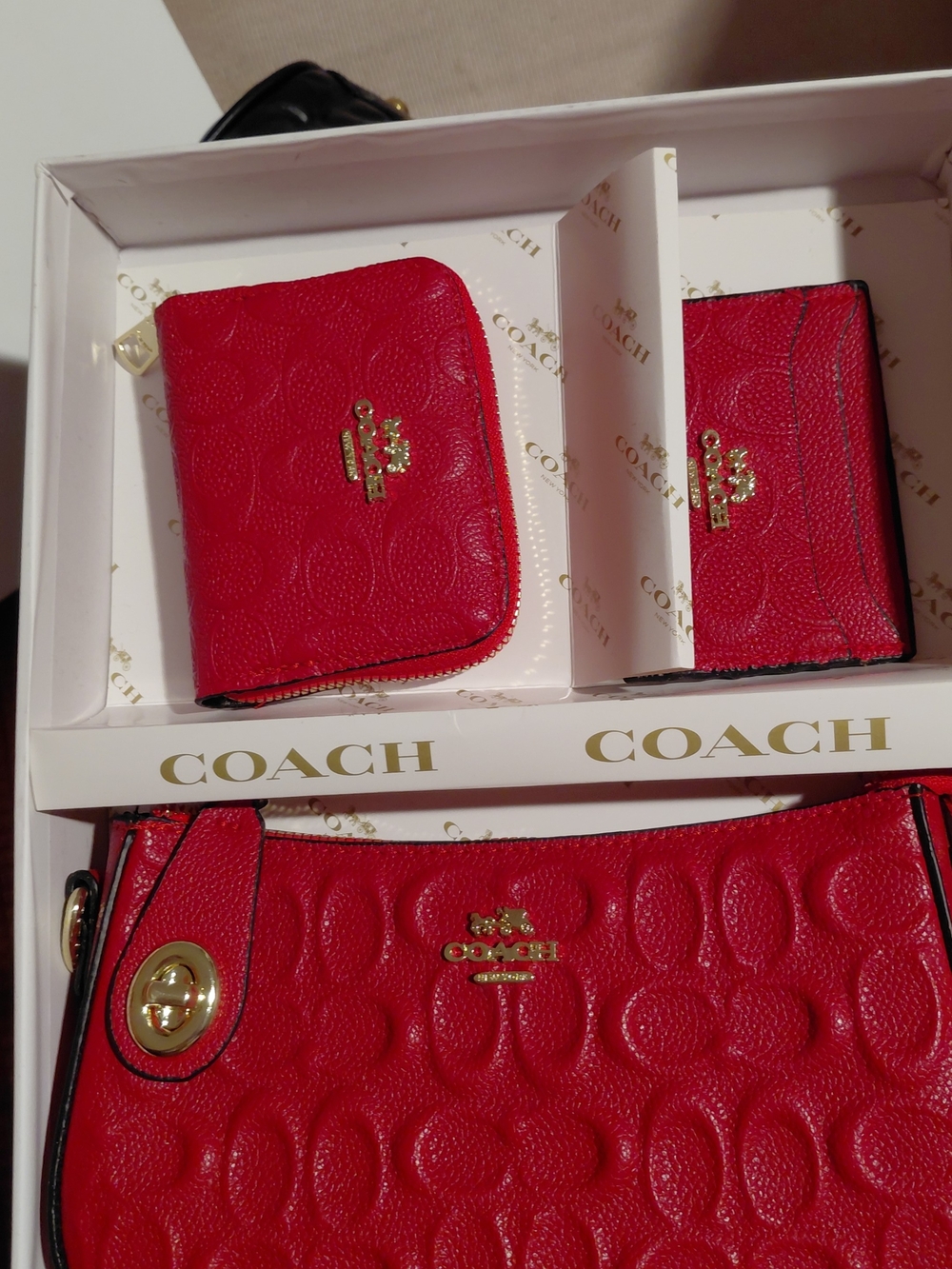 Coach Red Signature Embossed Leather Wristlet & Card Holder Set